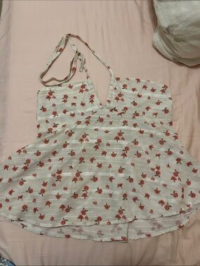 White Floral Halter Women’s Top with Red Rose Print